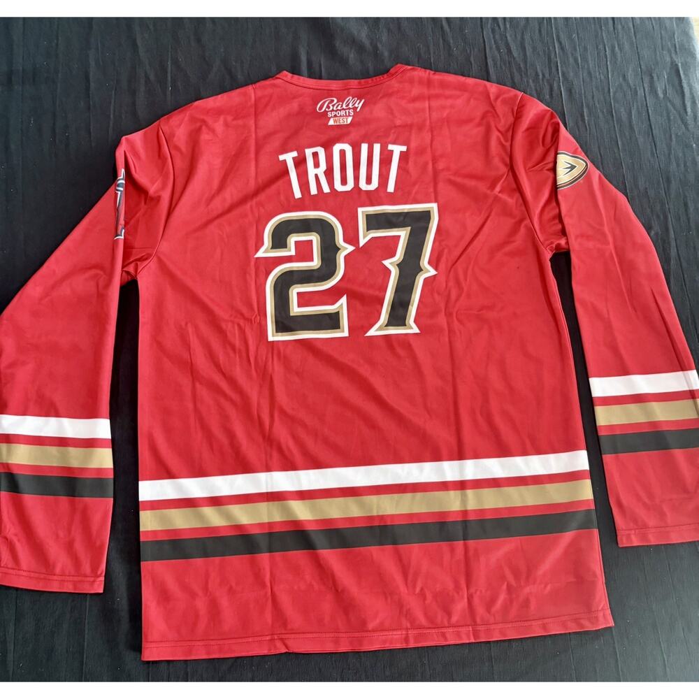 Mike Trout #27 Anaheim Angels x Ducks 9/8/23 SGA Red Hockey Jersey Men's XL
